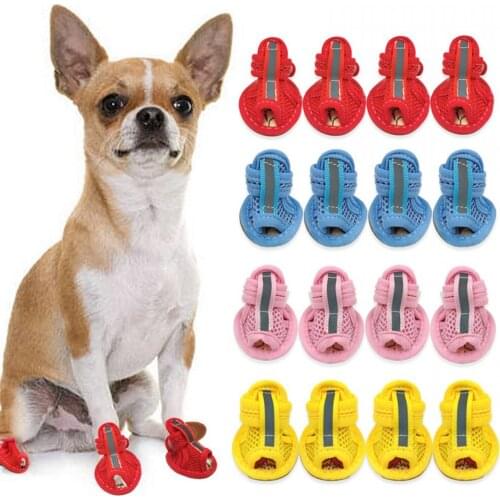 4Pcs/Set Summer Pet Dog Cat Sandals Rubber Anti-slip Shoes For Small Pet Boots Breathable Mesh Cooling Dog Shoes Pet Supplies