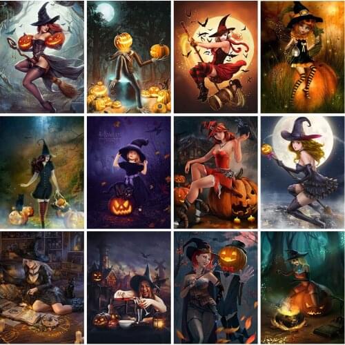 5D Diamond Embroidery Women Diamond Painting Halloween Pumpkin Cross Stitch Kit Mosaic Picture of Rhinestones Home Decoration