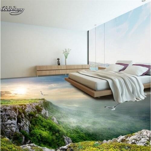 Beibehang 3d custom large fresco 3D mountain scenery overlooking the floor waterproof waterproof wear thick pvc plastic film