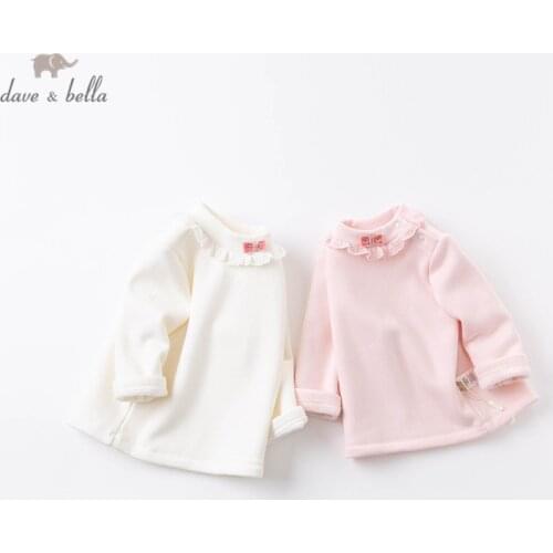 DBJ14955-1 dave bella winter baby girls cute bow ruched solid T-shirt children tops girl kids fashion tees