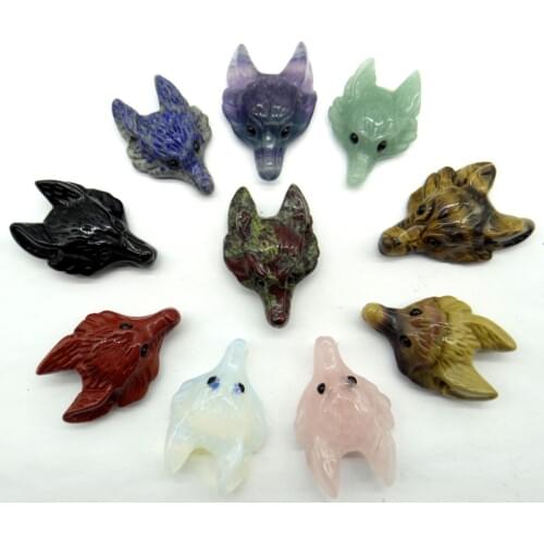 Natural stone fluorite Quartz Crystal tiger eye aventurine Wolf Head shape Pendant for diy jewelry making necklac Accessories2pc