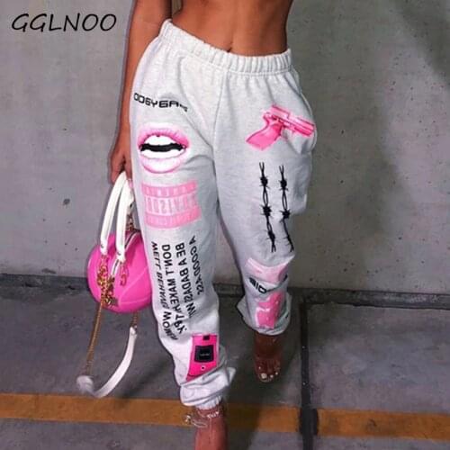 GGLNOO Hip Hop Graphic Print Sweatpants Joggers Trousers Harajuku High Waist Loose Casual Streetwear Pants Sport Pants Female
