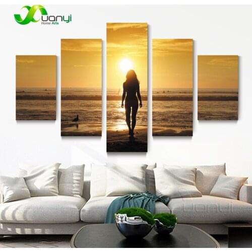 Naked Beauty Girl Canvas Painting 5 Piece Sunset Sea Beach Canvas Picture Painting Wall Art Home Decor For Bedroom Unframed