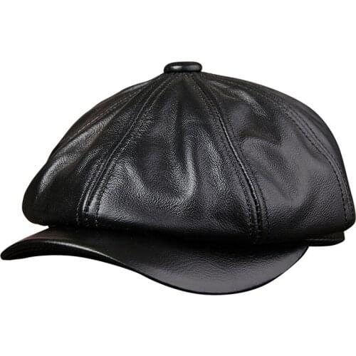 QPALCR Black Newsboy Hats For Men Genuine Cowskin Leather Octagonal Cap Male Autumn Winter Fitted Retro Duckbill Hats Beret
