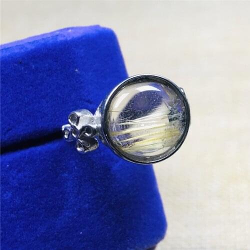 13mm Real Natural Gold Rutilated Quartz Ring Jewelry For Woman Lady Man Oval Crystal Beads Silver Stone Adjustable Ring AAAAA