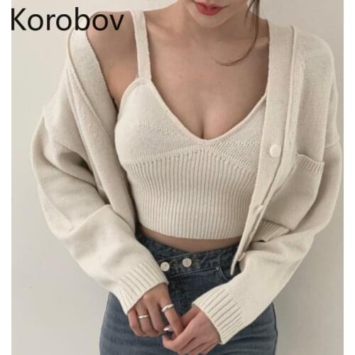 Korobov 2020 Autumn New Chic Solid V Neck Tank Top and Korean Single Breasted Elegant Cardigans 2 Pieces Sets Female Suits