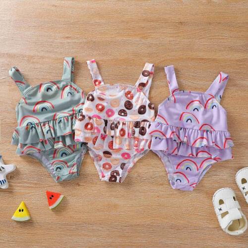 Newborn Baby Girls Casual Swimwear Cute Printed Pattern Square Collar Sleeveless Toddler Girls Swimsuit Beachwear
