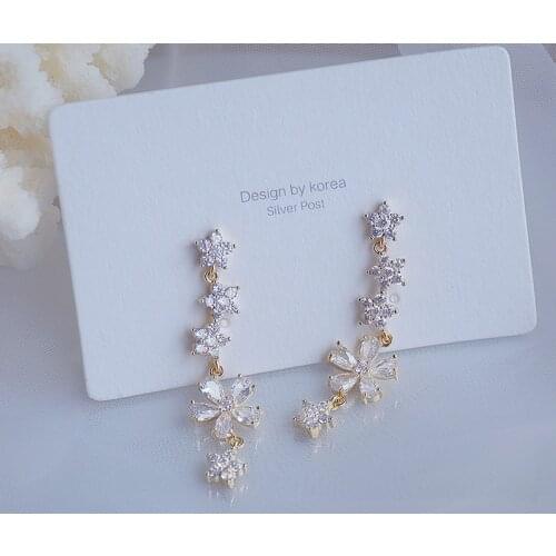 Korean hot selling fashion jewelry 14K real gold plated copper inlaid CZ zircon earrings elegant long flower women earrings