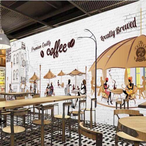 Cartoon Hand Drawn Coffee Shop Scene Photo Wallpaper Coffee Restaurant Cafe Industrial Decor Background Wall Mural Wall Paper 3D