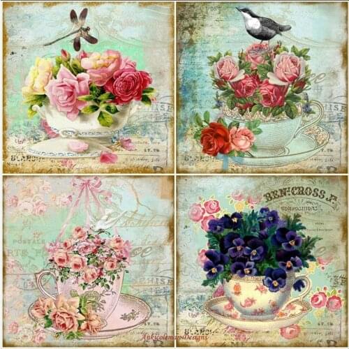 Embroidery Counted Cross Stitch Kits Needlework - Crafts 14 ct DMC Color DIY Arts Handmade Home Decor - Vintage Inspired Tea Cup