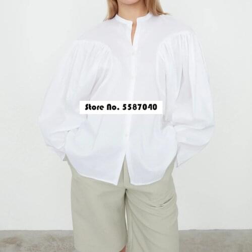 Cotton 2020 Early Autumn New Pleated Puff Sleeve V-neck Shirt Womens Loose Long-sleeved Top