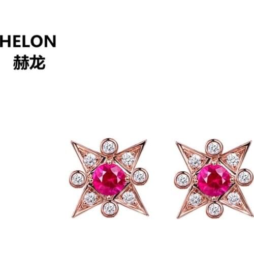 Solid 14k Rose Gold Natural Diamonds Stud Earrings for Women 2mm Round Cut Genuine Ruby Engagement Wedding Earrings
