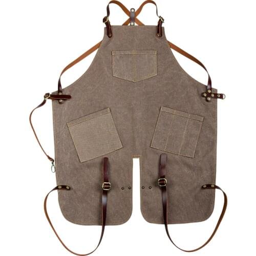 Original Canvas Custom LOGO Restaurant Coffee Shop Men And Women Gallery Leather Multi-Bag Work Apron Tied Leg Work Overall