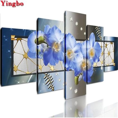 Full square Round Diamond Painting Blue Orchid Flower 5D DIY Diamond Embroidery Rhinestone Mosaic 5 Piece Living Room Background