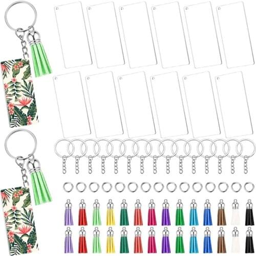 Acrylic Keychain Blank DIY Keychain Transparent Rectangular Disc Pre-cut With Metal Keychain Ring Buckles & Hooks
