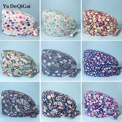 Floral printing Scrubs Caps Pet grooming working Hat Health service cap unisex Adjustable sweat-absorbent hat pet store work cap