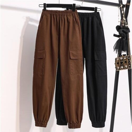 Zoki Autumn Women Cargo Pants Elastic High Waist Casual Ankle-Length Sweatpants Solid Loose Plus Size Pocket Female Pants S-5XL