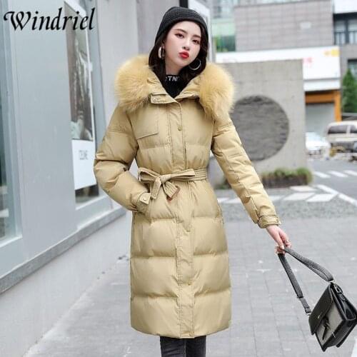Windriel Warm Long Parkas Slim Sashes Fashion Coats Women Winter Jackets Hooded Solid Thicken Cotton Padded Clothing Female