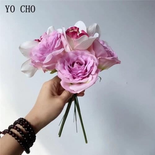 YO CHO Bridesmaid Flower Bouquet Silk Rose Orchid Purple Red Artificial Flower DIY Home Party Store Decoration Wedding Supplies