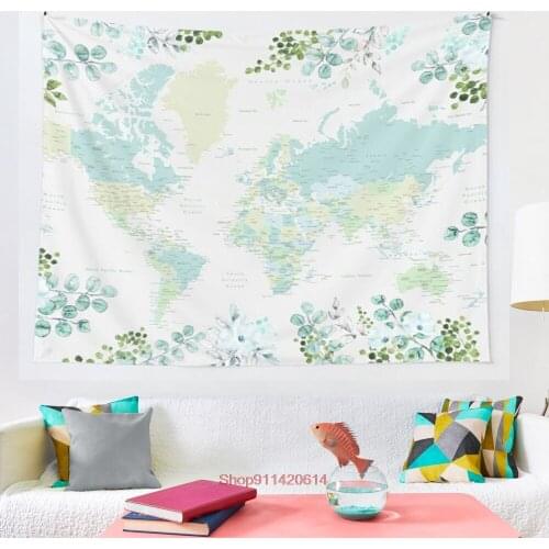 Greenery mint and blue detailed world map with cities tapestry Art Wall Hanging Tapestries for Living Room Home Dorm Decor