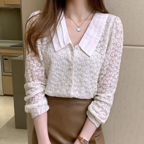 2021 Autumn Lace Blouse Women Crochet Embroidery Floral Long Sleeve Tops Fashion Doll Collar Lapel Splicing Shirt New Chic 13981