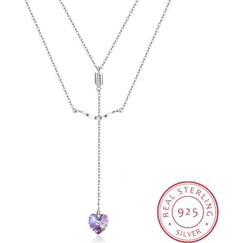 Lekani Long Pendant Necklace Colorful Heart Bead Crystals From Swarovski For Women 925 Silver Double Chain Collars Wedding Party