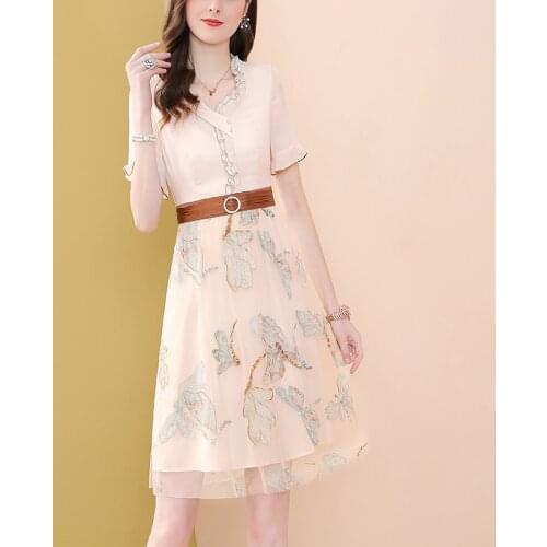 Only Plus Women Butterfly Printed O-Neck A-Line Fairy Mesh Dress Short Sleeve High Waist O-Neck Saches Dresses For Women Summer