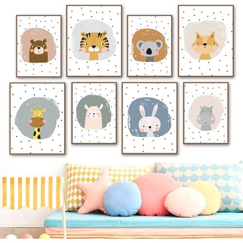 Tiger Rabbit Giraffe Hippo Koala Alpaca Cartoon Nordic Posters And Prints Wall Art Canvas Painting Wall Pictures Kids Room Decor