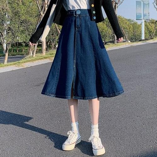 2021 Spring Summer High Waist Denim Skirts Casual Elastic Waist Midi Skirt Harajuk Plus Size Blue Korean Fashion A-line Women Sk
