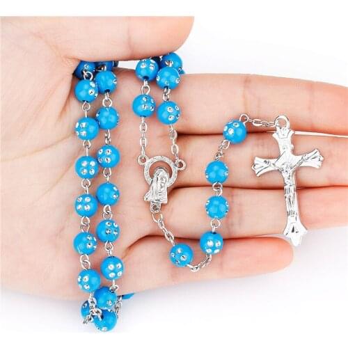 9 Colors 8mm Fashion Jesus Christ Christian Acrylic Beads Long Pendant Cross Rosary Necklace