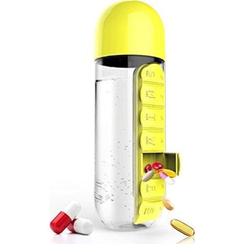 Free Travel 7 Day Pill Cup 2-in-1 Water Bottle 600ml with Pill Box Organizer Travel Use can CSV