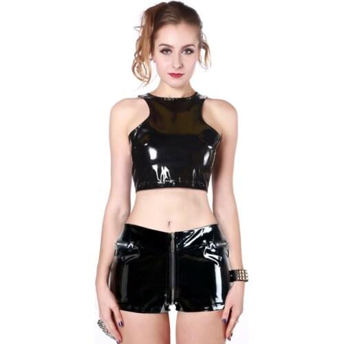 Black Wet Look PVC Vinyl Top Shorts Set Catsuit Costume Gothic Clubwear