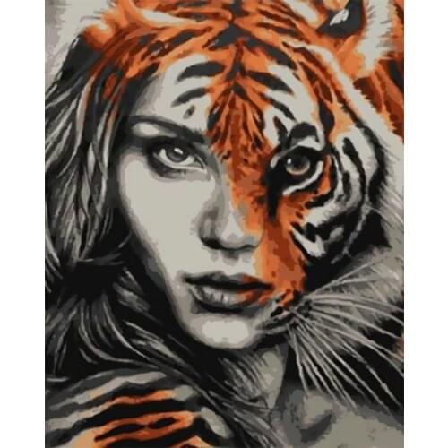 Diy oil digital painting by numbers Woman tiger kits abstract acrylic paint by numbers for adults home Decoration Gift