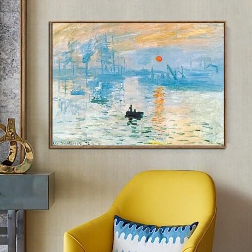 Spray Color Fisherman Boat Impression Sunrise Landscape Oil Painting on Canvas Poster Print Wall Picture for Living Room Decor