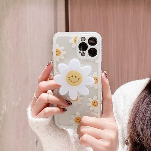Korean Smile Daisy Folding Holder Phone Case For iPhone 12 11 Pro Max XR XS Max 7 8 Plus SE2 TPU Shock Proof Phone Back Cover