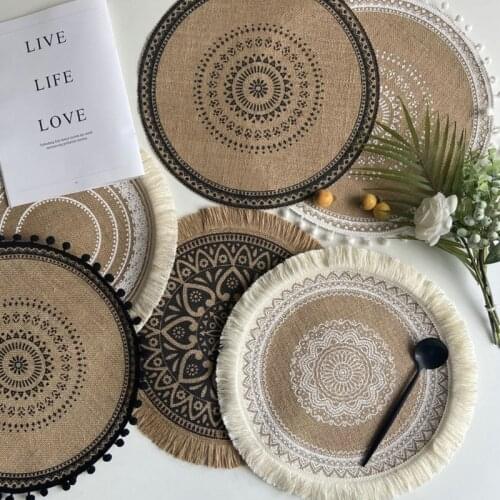 Creative Mandala Round Placemat Boho Woven Macrame Fringe Tassels Table Mat Heat Resistant Cup Plate Dish Coaster for Kitchen Ta