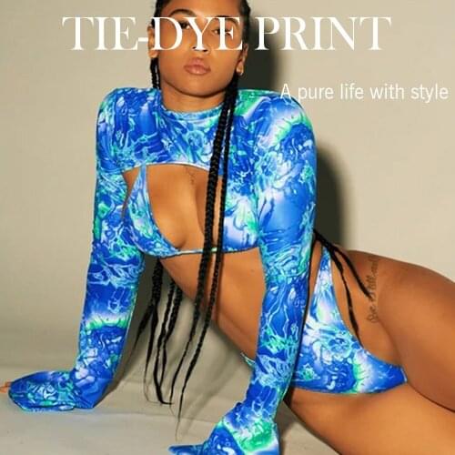 Summer Womens Sexy Tie Dye Bikini Sets with Long Sleeve Tops 3PCS Push Up Bra Beachwear Swimwear Brazilian Micro Bathing Suit