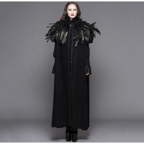 Devil Fashion Steampunk Women Long Cloak Coats Gothic Dark Velvet Hooded Overcoats with Feather Shawl Halloween Loose Capes