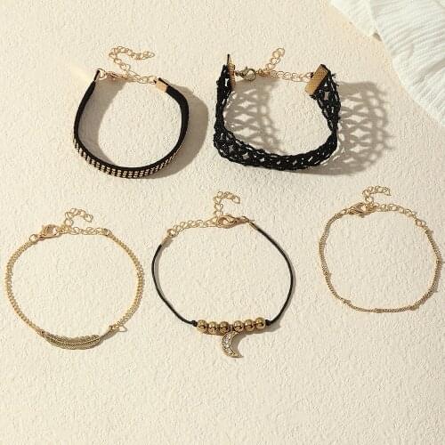 Fashion Metal Geometric Charm Bracelets Womens TRENDY Round Bead Chain Alloy Leaves Moon 5 Times Bracelets Jewelry for Girls