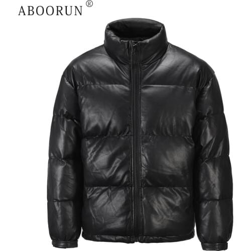 ABOORUN Mens Winter PU Leather Jackets Black Down Cotton Leather Coat Casual Warm Jackets for Male