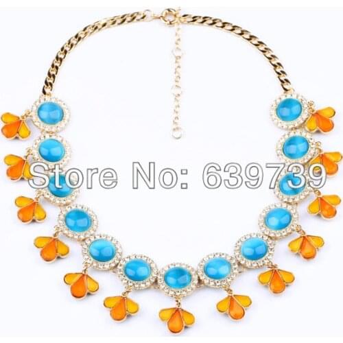 Bulk Price Italy Shiny Gold Color Bright Blue Resin Necklace
