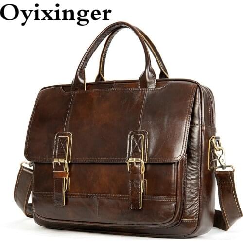 OYIXINGER Mens Genuine Leather Laptop Bag Luxury Business Laptop Bag For 14" Macbook Air Hp Huawei Vintage Office Men Briefcase