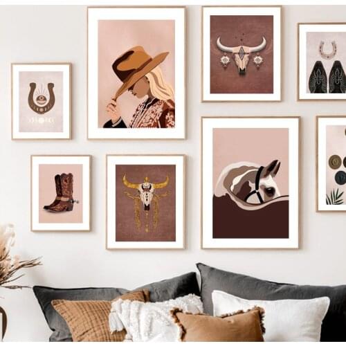 Wild Western Boho Cowgirl Horseshoe Buffalo Skull Posters And Prints Art Canvas Painting Modern Wall Pictures For Bedroom Decor
