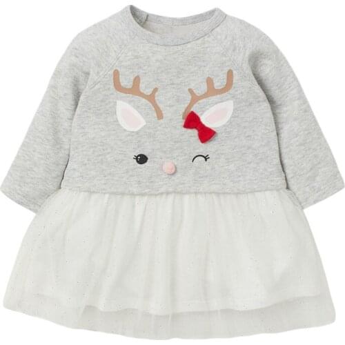 Little maven Autumn Winter Cute Deer Skirt Long Sleeve Girls Net-yarn Pattern Clothe Round Neck Casual Dresses 2-7years