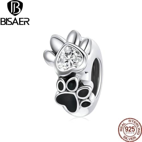 BISAER Footprint Charm 100% 925 Sterling Silver Dog Paw Charm Stopper Clear CZ Charms For Original Bracelet DIY Jewelry ECC1846