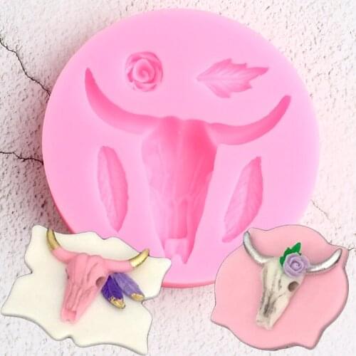 Bull Head Rose Silicone Molds Feather Leaves Cupcake Topper Fondant Cake Decorating Tools Candy Clay Chocolate Gumpaste Moulds