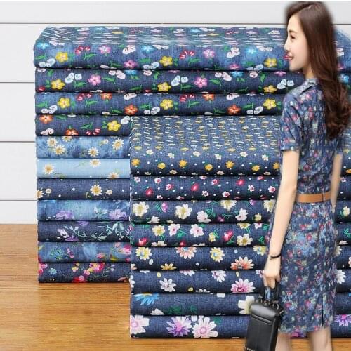 Blue Denim Fabric thin cloth floral Small flower printing garment fabric diy sewing clothes dress Soft breathable