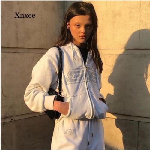 Spring and Autumn Womens Fashion Rhinestone Zipper Oversized Hoodie Retro Solid Color Letter Long Sleeve Black Sweatshirt Top