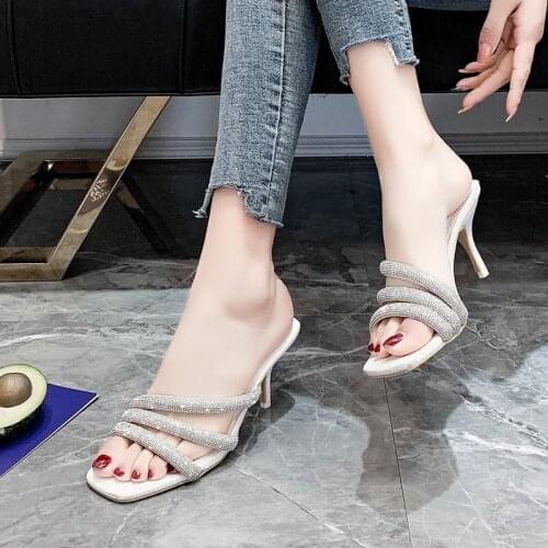 Newly Arrived 2021 Summer Black Beige White Thin Heels Slippers Sandals Women Square toe Mules slippers Beach Leisure slides