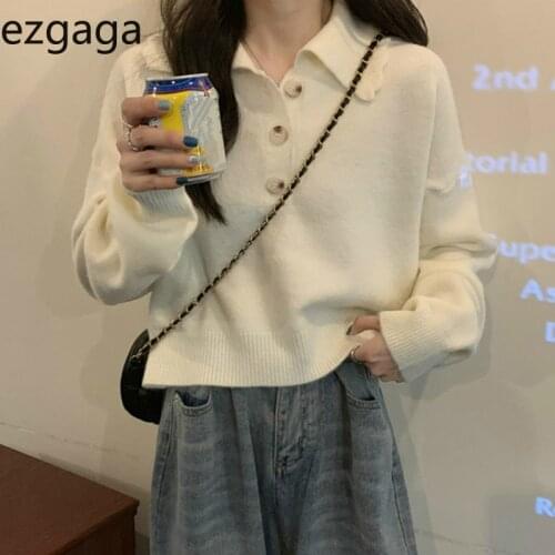 Ezgaga Sweet Fashion Knit Sweater Jumper Women Korean Turn-Down Collar Solid Button Simple Loose Pullover Ladies Tops Casual